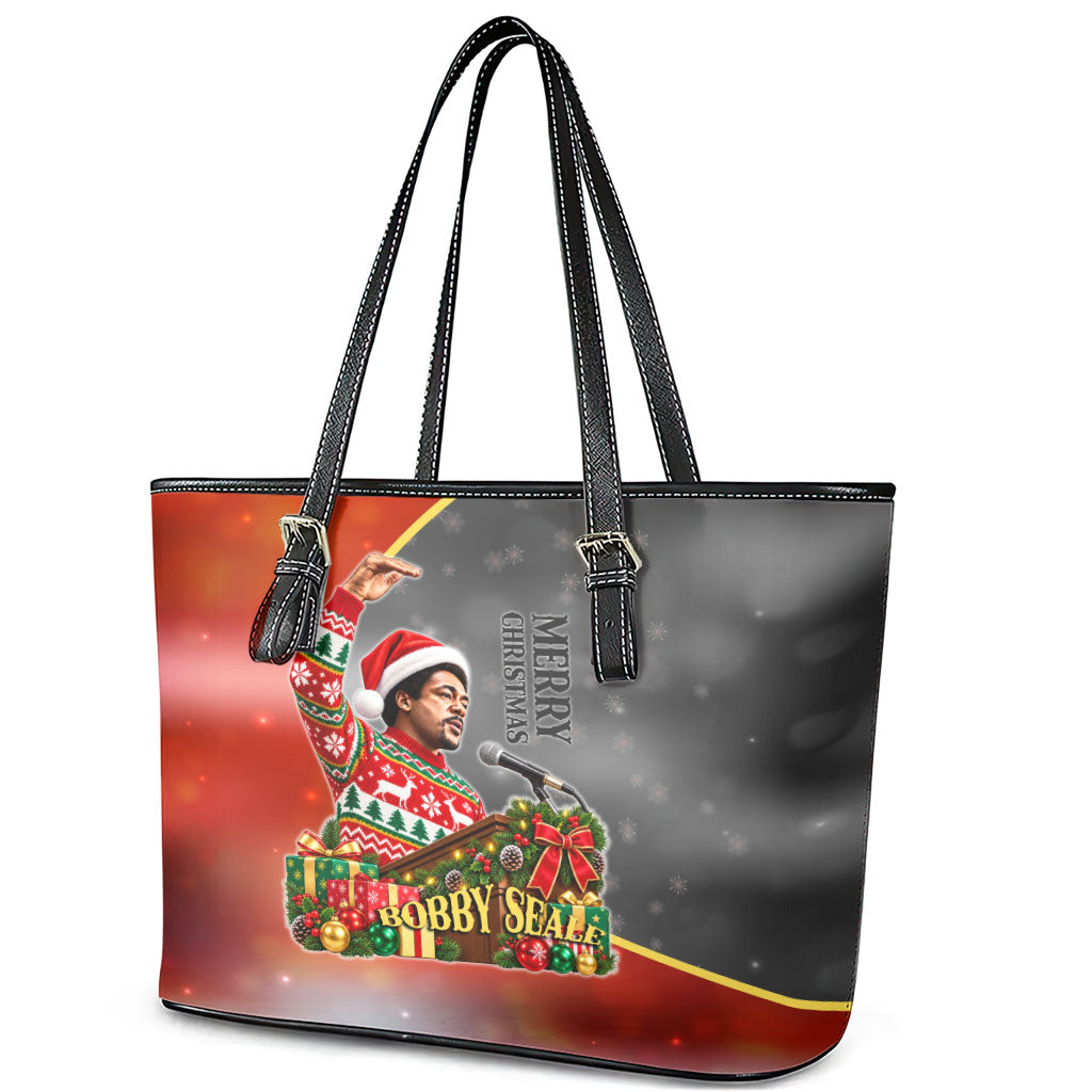 Bobby Seale Merry Christmas Leather Tote Bag Civil Rights Activist Festive Winter Holiday Art