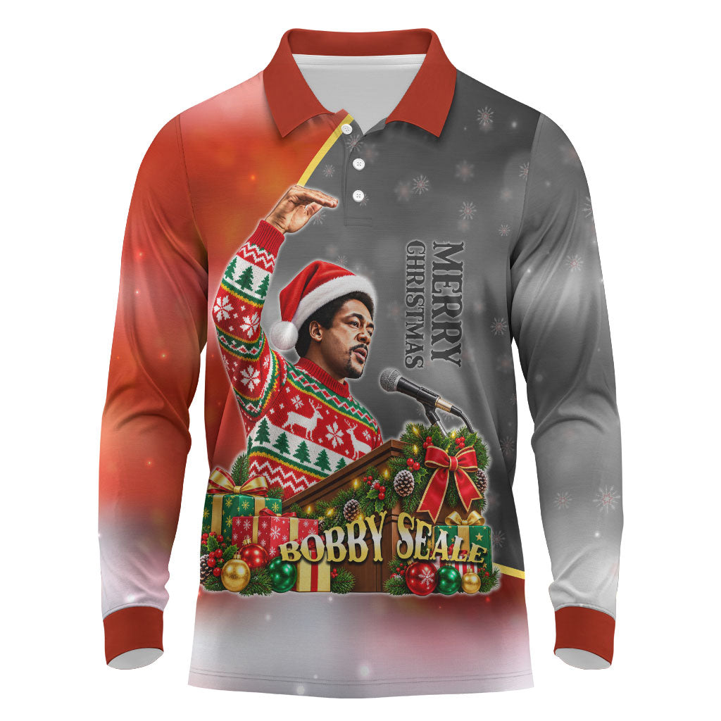 Bobby Seale Merry Christmas Long Sleeve Polo Shirt Civil Rights Activist Festive Winter Holiday Art