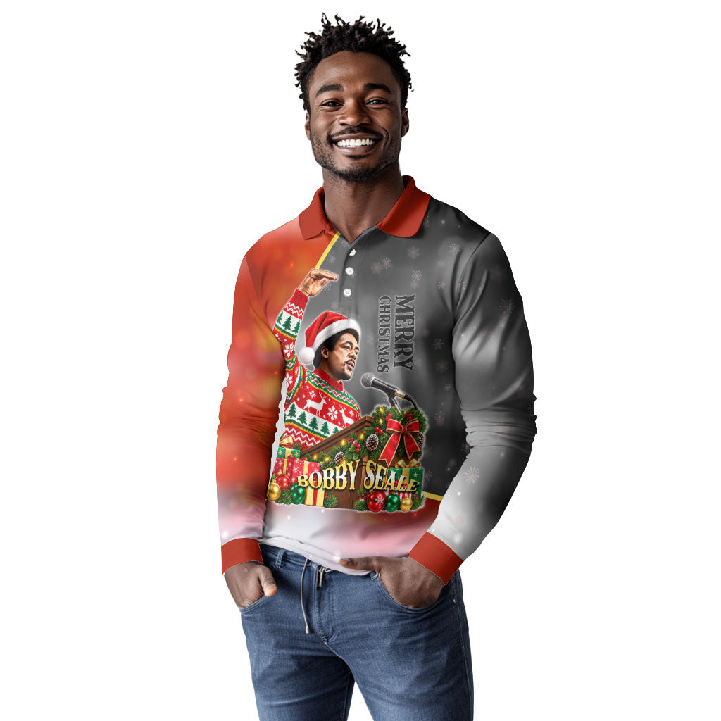 Bobby Seale Merry Christmas Long Sleeve Polo Shirt Civil Rights Activist Festive Winter Holiday Art