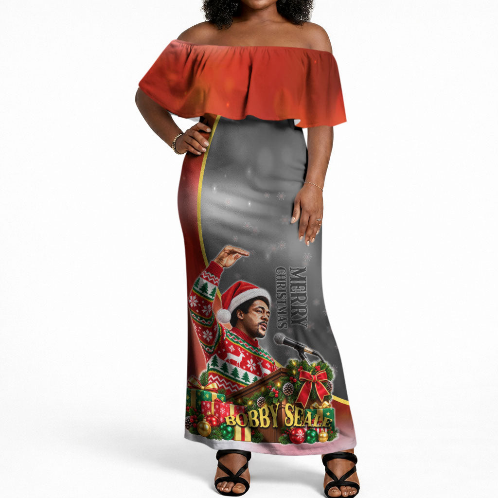 Bobby Seale Merry Christmas Off Shoulder Maxi Dress Civil Rights Activist Festive Winter Holiday Art