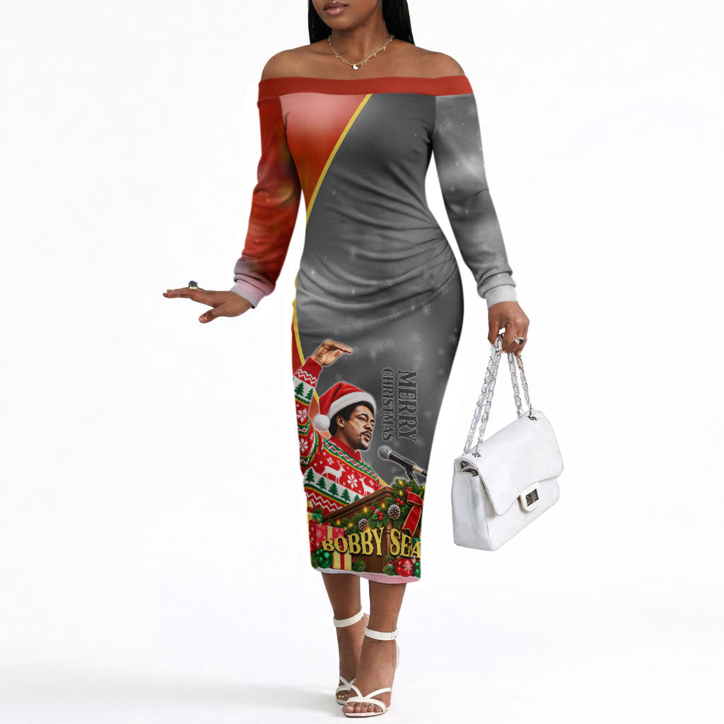 Bobby Seale Merry Christmas Off The Shoulder Long Sleeve Dress Civil Rights Activist Festive Winter Holiday Art