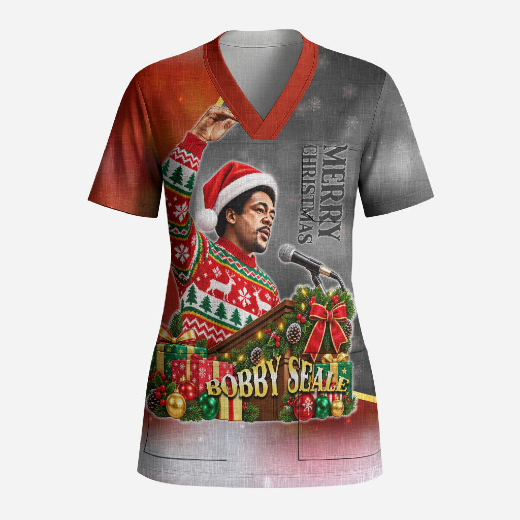 Bobby Seale Merry Christmas Scrub Top Civil Rights Activist Festive Winter Holiday Art