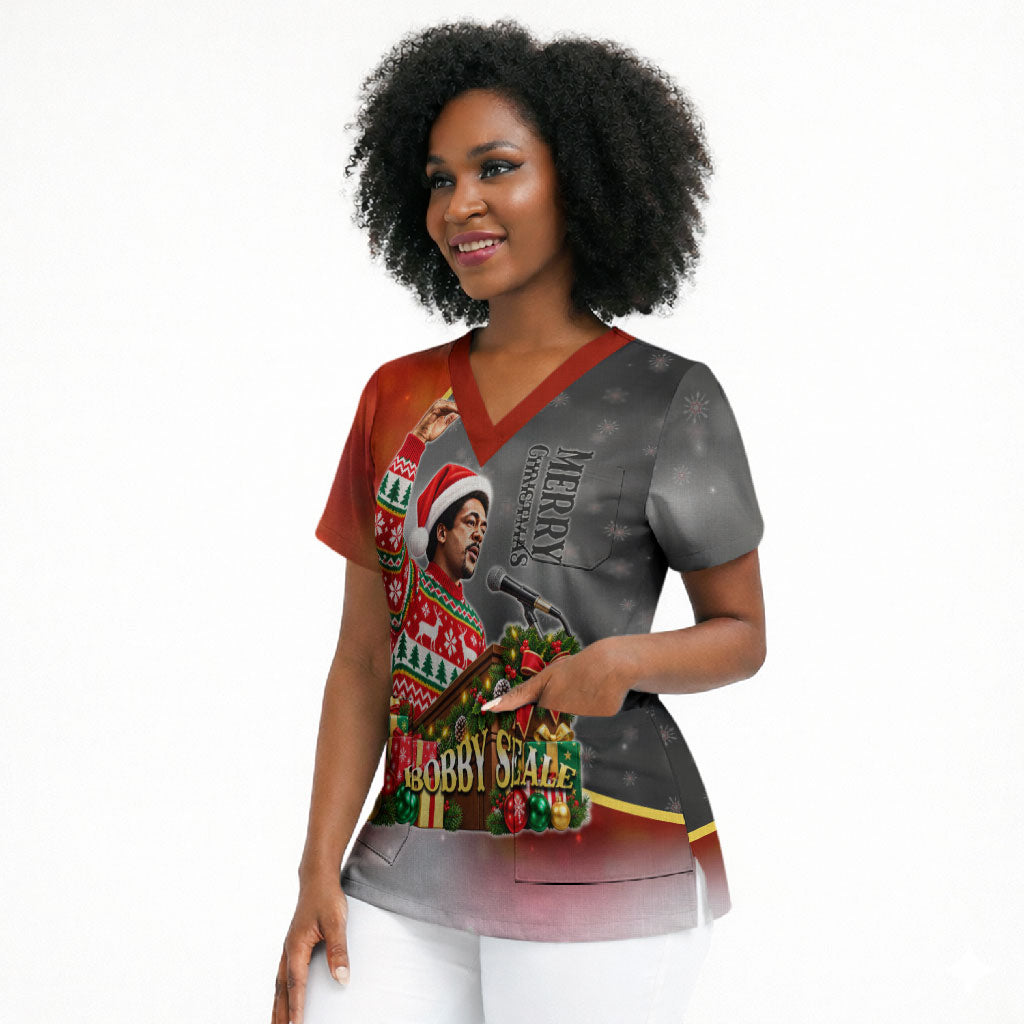 Bobby Seale Merry Christmas Scrub Top Civil Rights Activist Festive Winter Holiday Art