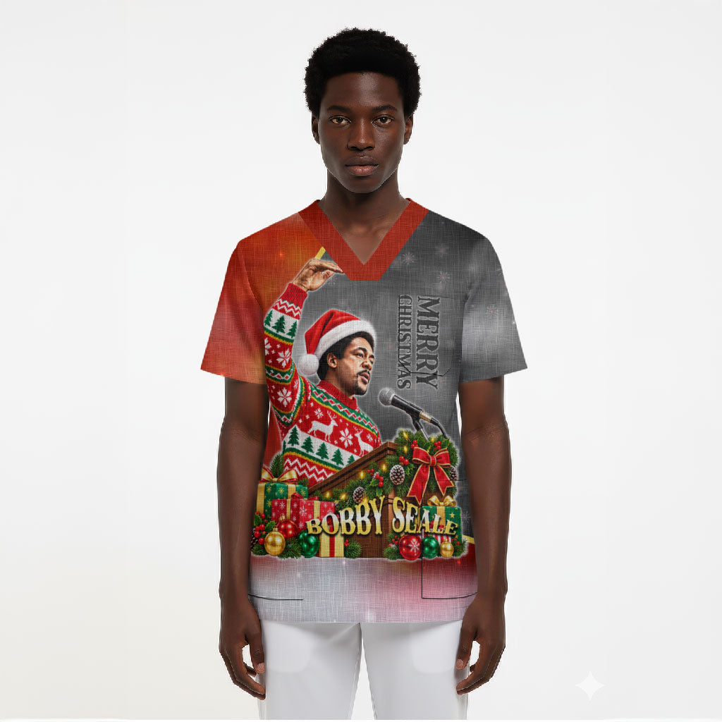 Bobby Seale Merry Christmas Scrub Top Civil Rights Activist Festive Winter Holiday Art
