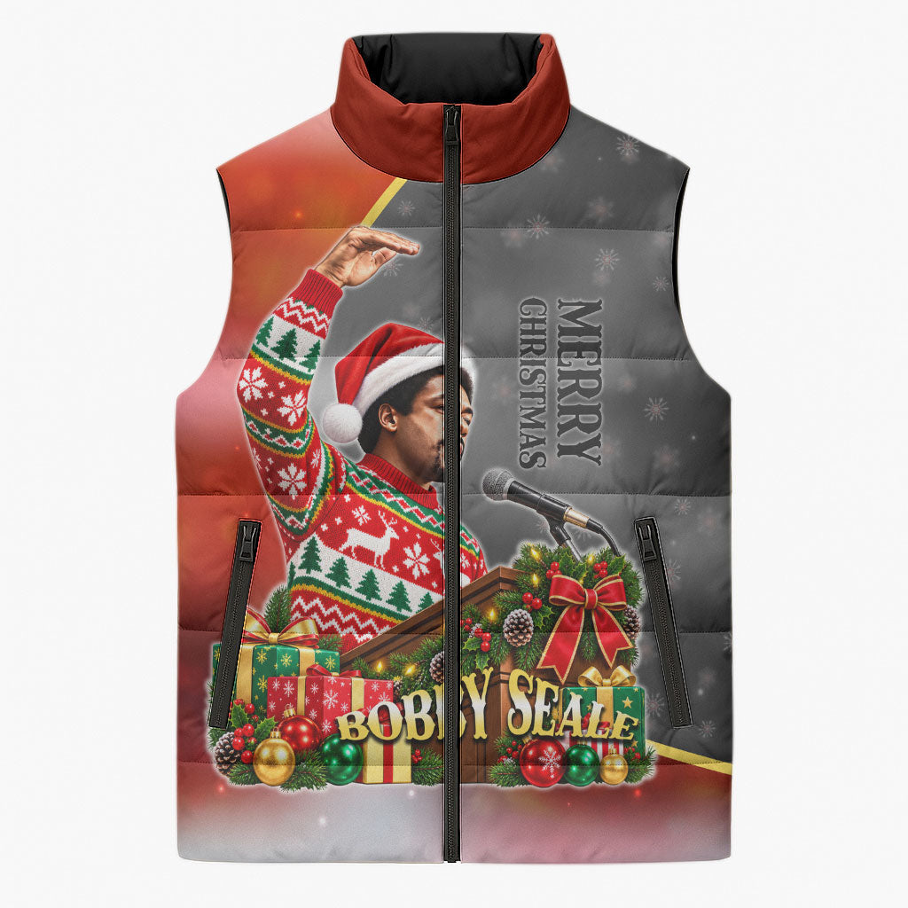 Bobby Seale Merry Christmas Sleeveless Puffer Jacket Civil Rights Activist Festive Winter Holiday Art