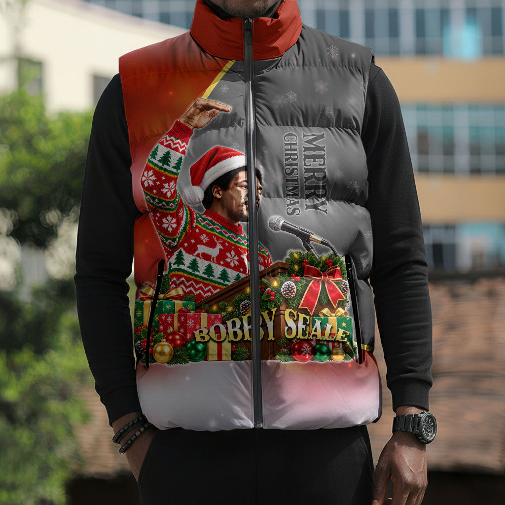 Bobby Seale Merry Christmas Sleeveless Puffer Jacket Civil Rights Activist Festive Winter Holiday Art
