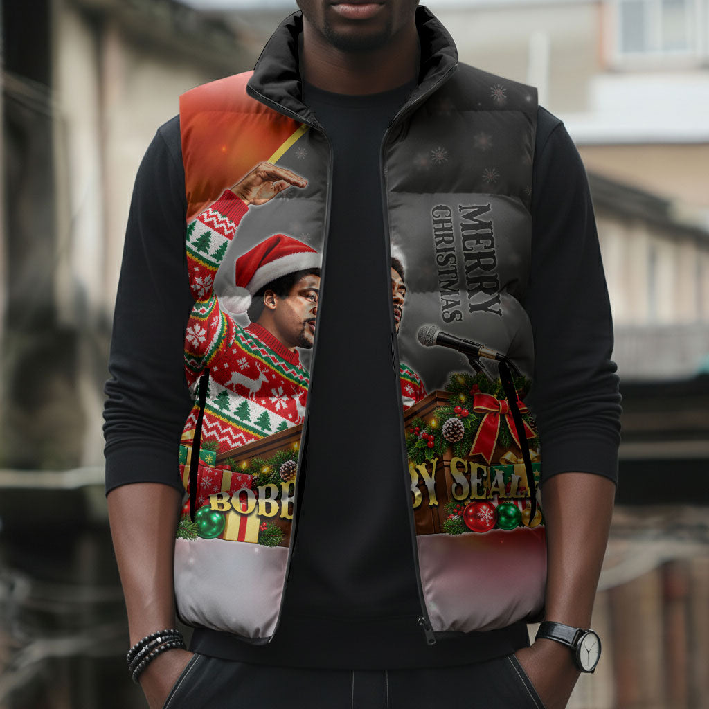 Bobby Seale Merry Christmas Sleeveless Puffer Jacket Civil Rights Activist Festive Winter Holiday Art