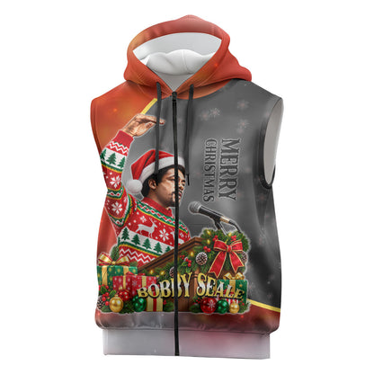 Bobby Seale Merry Christmas Sleeveless Zip Hoodie Civil Rights Activist Festive Winter Holiday Art