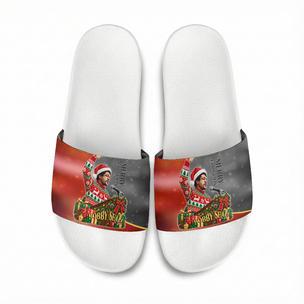 Bobby Seale Merry Christmas Slide Sandals Civil Rights Activist Festive Winter Holiday Art