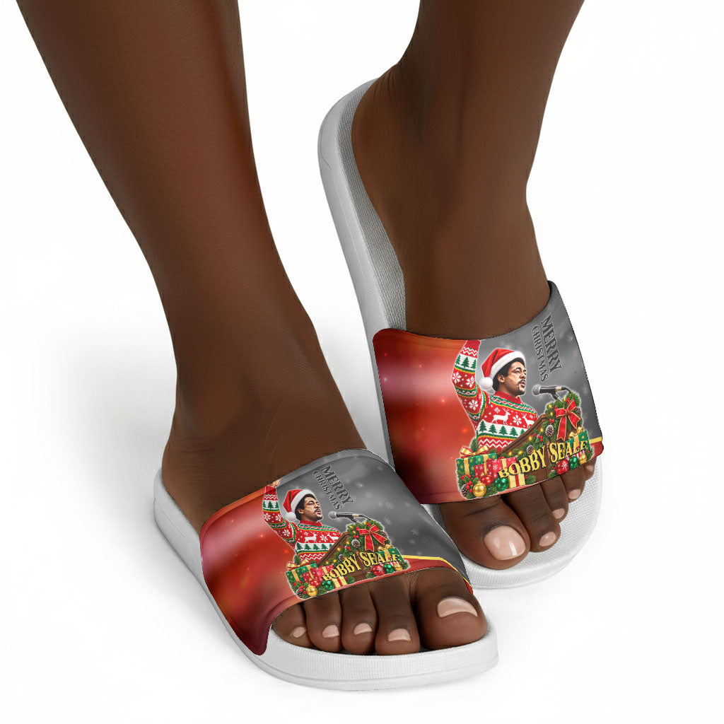 Bobby Seale Merry Christmas Slide Sandals Civil Rights Activist Festive Winter Holiday Art
