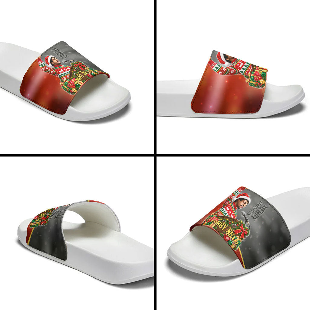 Bobby Seale Merry Christmas Slide Sandals Civil Rights Activist Festive Winter Holiday Art