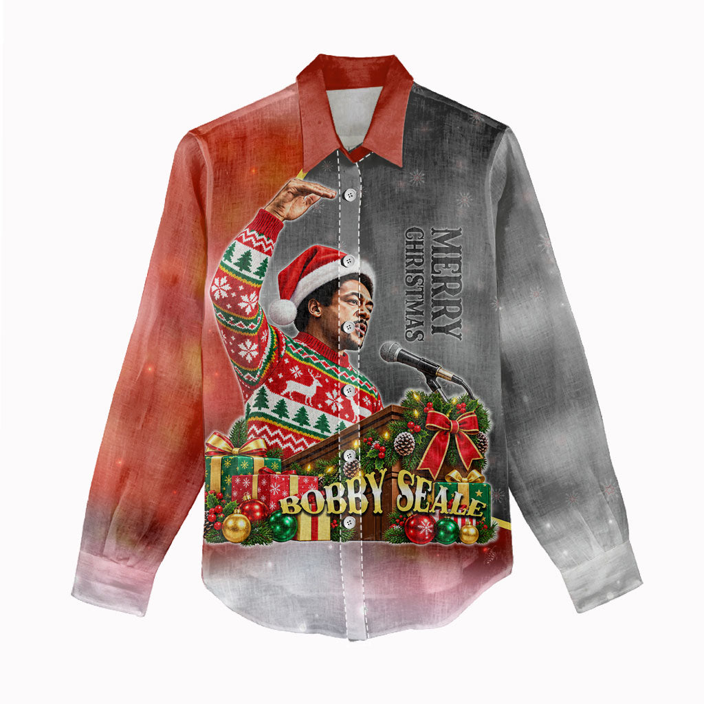 Bobby Seale Merry Christmas Women Casual Shirt Civil Rights Activist Festive Winter Holiday Art