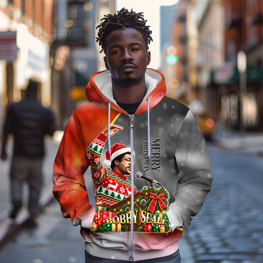 Bobby Seale Merry Christmas Zip Hoodie Civil Rights Activist Festive Winter Holiday Art