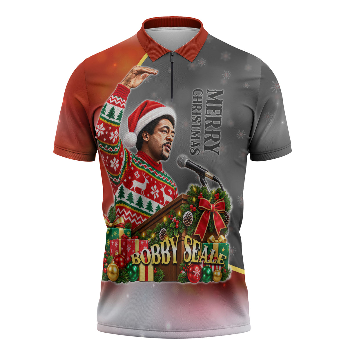Bobby Seale Merry Christmas Zipper Polo Shirt Civil Rights Activist Festive Winter Holiday Art