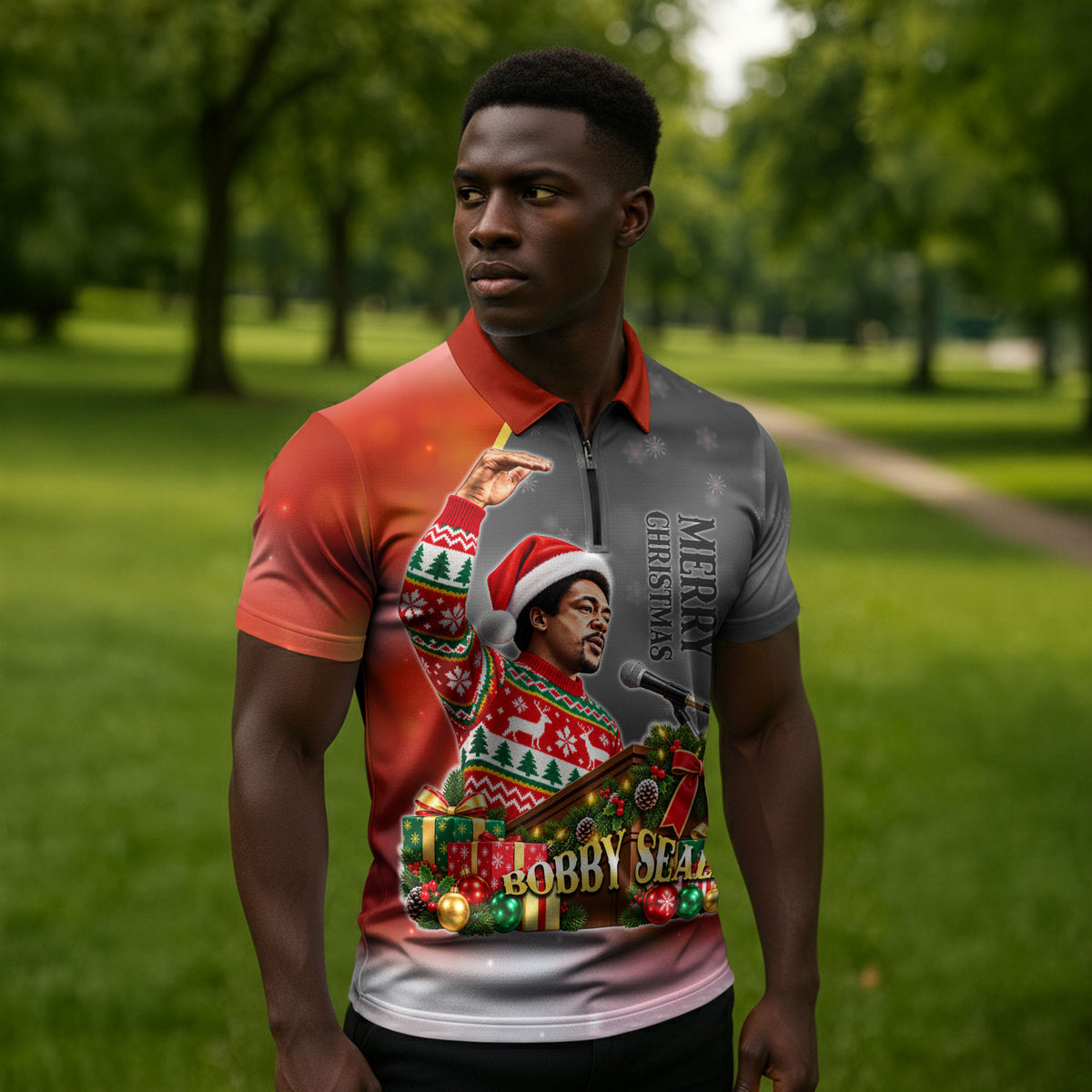 Bobby Seale Merry Christmas Zipper Polo Shirt Civil Rights Activist Festive Winter Holiday Art