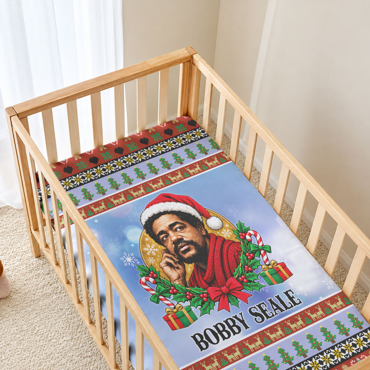 Bobby Seale Christmas Baby Bed Cover Retro Ugly Christmas Pattern Festive Activist Portrait