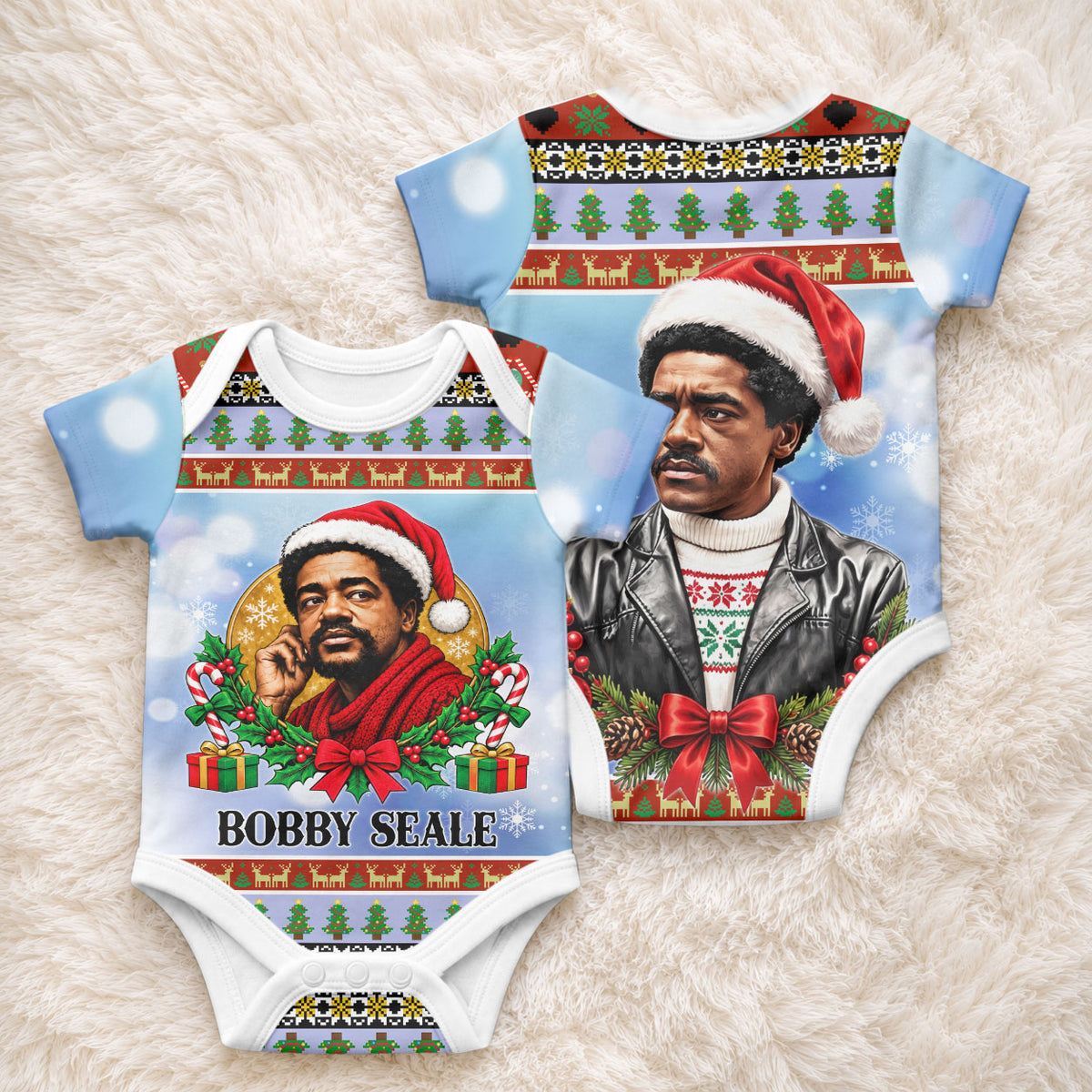 Bobby Seale Christmas Baby Onesie Retro Ugly Christmas Pattern Festive Activist Portrait