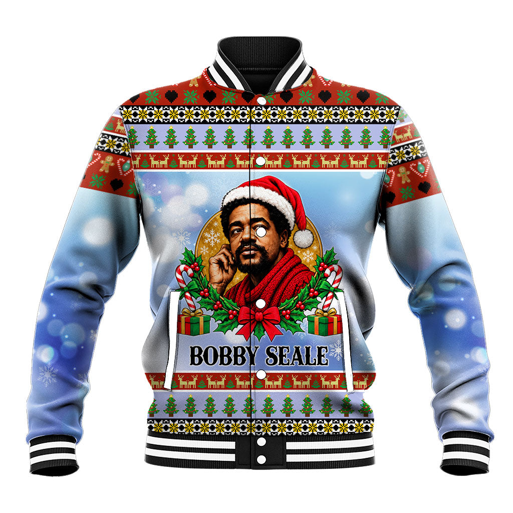 Bobby Seale Christmas Baseball Jacket Retro Ugly Christmas Pattern Festive Activist Portrait