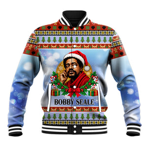 Bobby Seale Christmas Baseball Jacket Retro Ugly Christmas Pattern Festive Activist Portrait