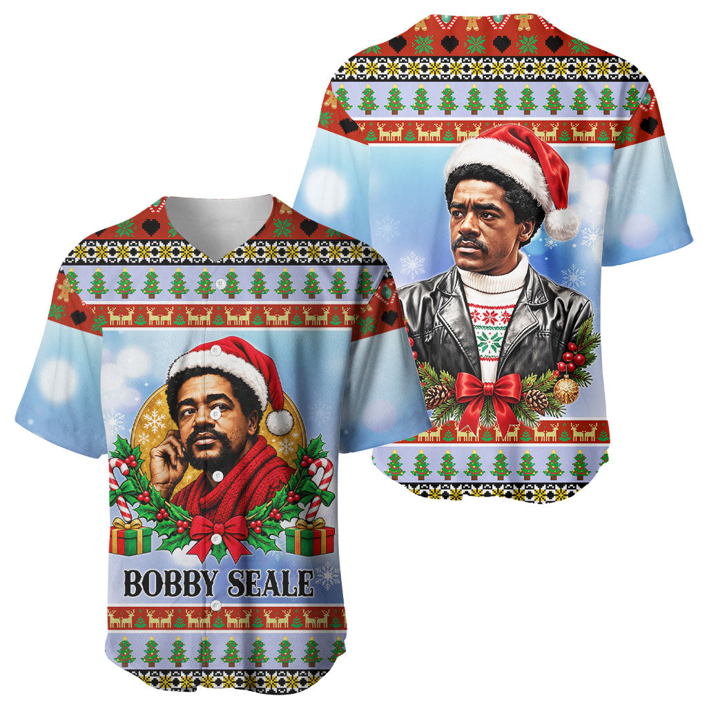 Bobby Seale Christmas Baseball Jersey Retro Ugly Christmas Pattern Festive Activist Portrait