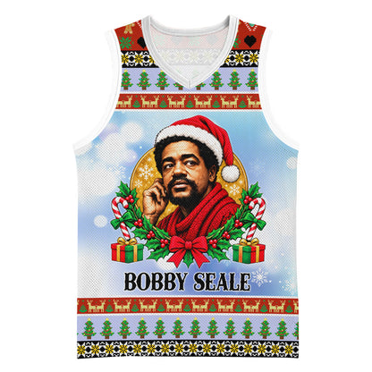 Bobby Seale Christmas Basketball Jersey Retro Ugly Christmas Pattern Festive Activist Portrait