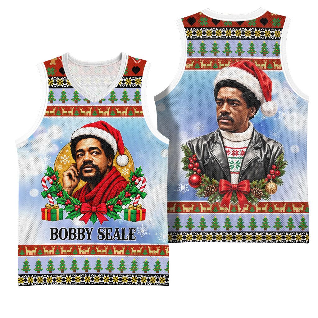 Bobby Seale Christmas Basketball Jersey Retro Ugly Christmas Pattern Festive Activist Portrait