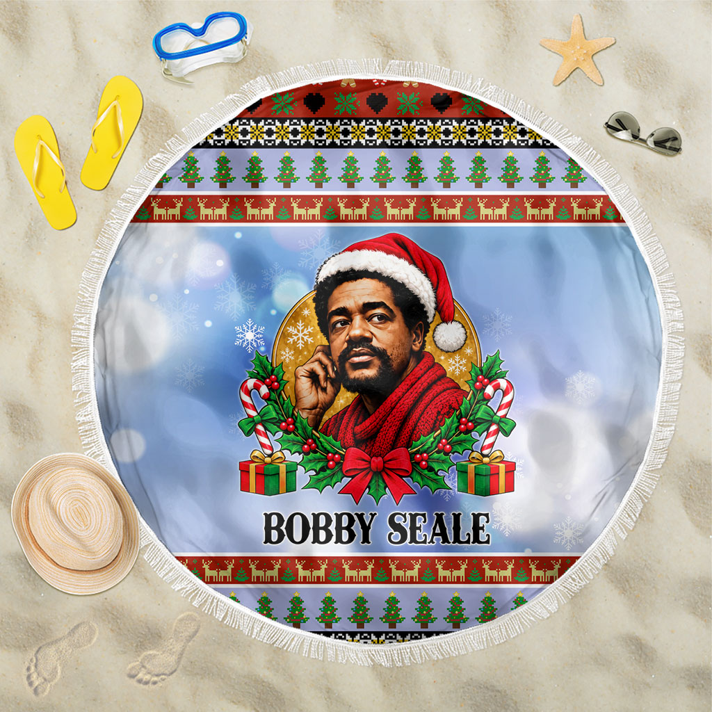 Bobby Seale Christmas Beach Blanket Retro Ugly Christmas Pattern Festive Activist Portrait