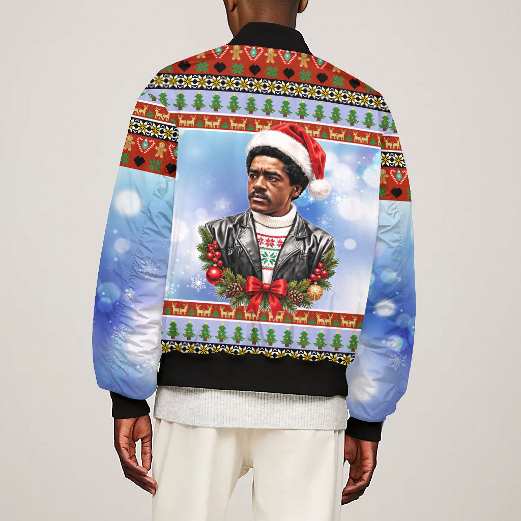 Bobby Seale Christmas Bomber Jacket Retro Ugly Christmas Pattern Festive Activist Portrait