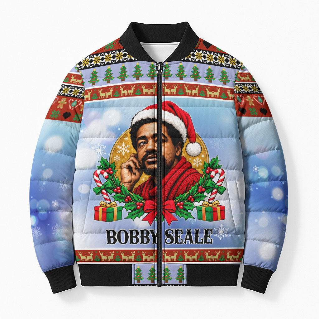 Bobby Seale Christmas Bomber Puffer Jacket Retro Ugly Christmas Pattern Festive Activist Portrait