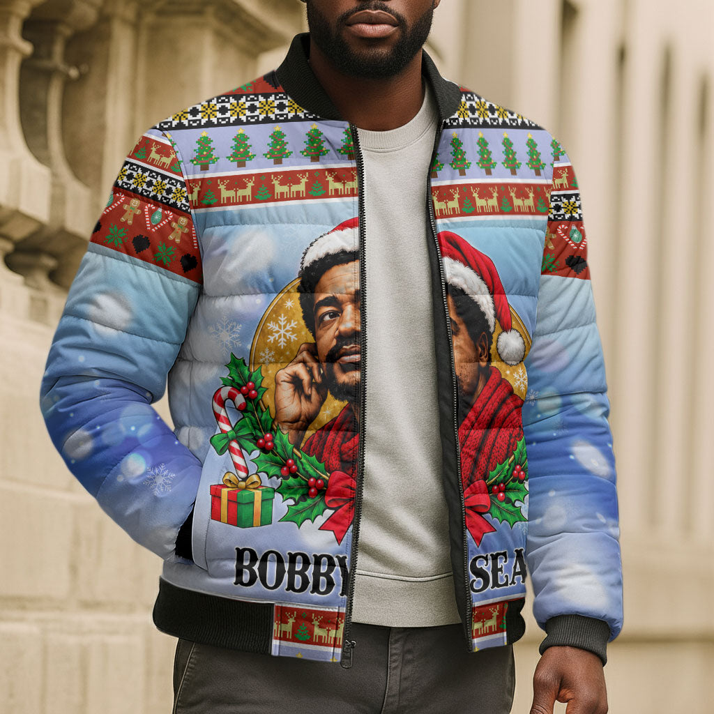 Bobby Seale Christmas Bomber Puffer Jacket Retro Ugly Christmas Pattern Festive Activist Portrait