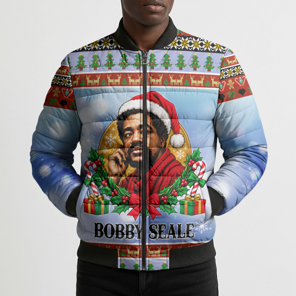 Bobby Seale Christmas Bomber Puffer Jacket Retro Ugly Christmas Pattern Festive Activist Portrait