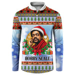 Bobby Seale Christmas Button Sweatshirt Retro Ugly Christmas Pattern Festive Activist Portrait