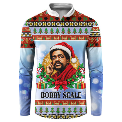 Bobby Seale Christmas Button Sweatshirt Retro Ugly Christmas Pattern Festive Activist Portrait
