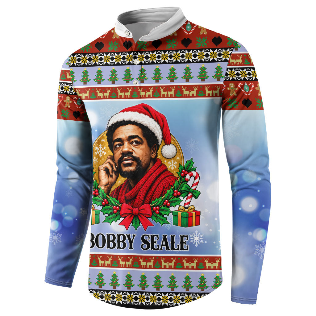 Bobby Seale Christmas Button Sweatshirt Retro Ugly Christmas Pattern Festive Activist Portrait