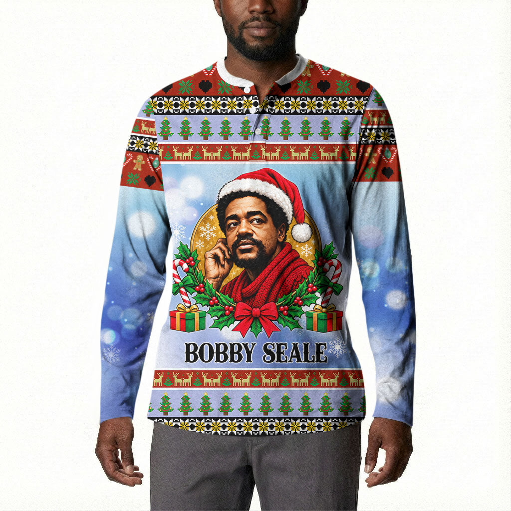 Bobby Seale Christmas Button Sweatshirt Retro Ugly Christmas Pattern Festive Activist Portrait