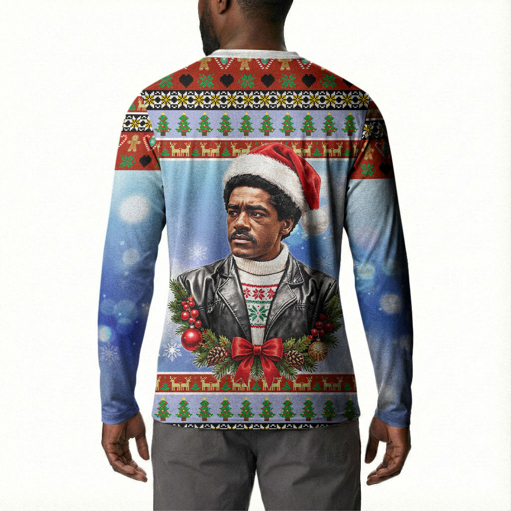 Bobby Seale Christmas Button Sweatshirt Retro Ugly Christmas Pattern Festive Activist Portrait