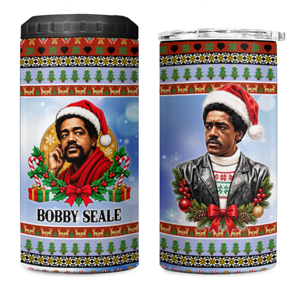 Bobby Seale Christmas 4 in 1 Can Cooler Tumbler Retro Ugly Christmas Pattern Festive Activist Portrait