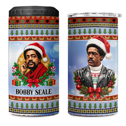 Bobby Seale Christmas 4 in 1 Can Cooler Tumbler Retro Ugly Christmas Pattern Festive Activist Portrait