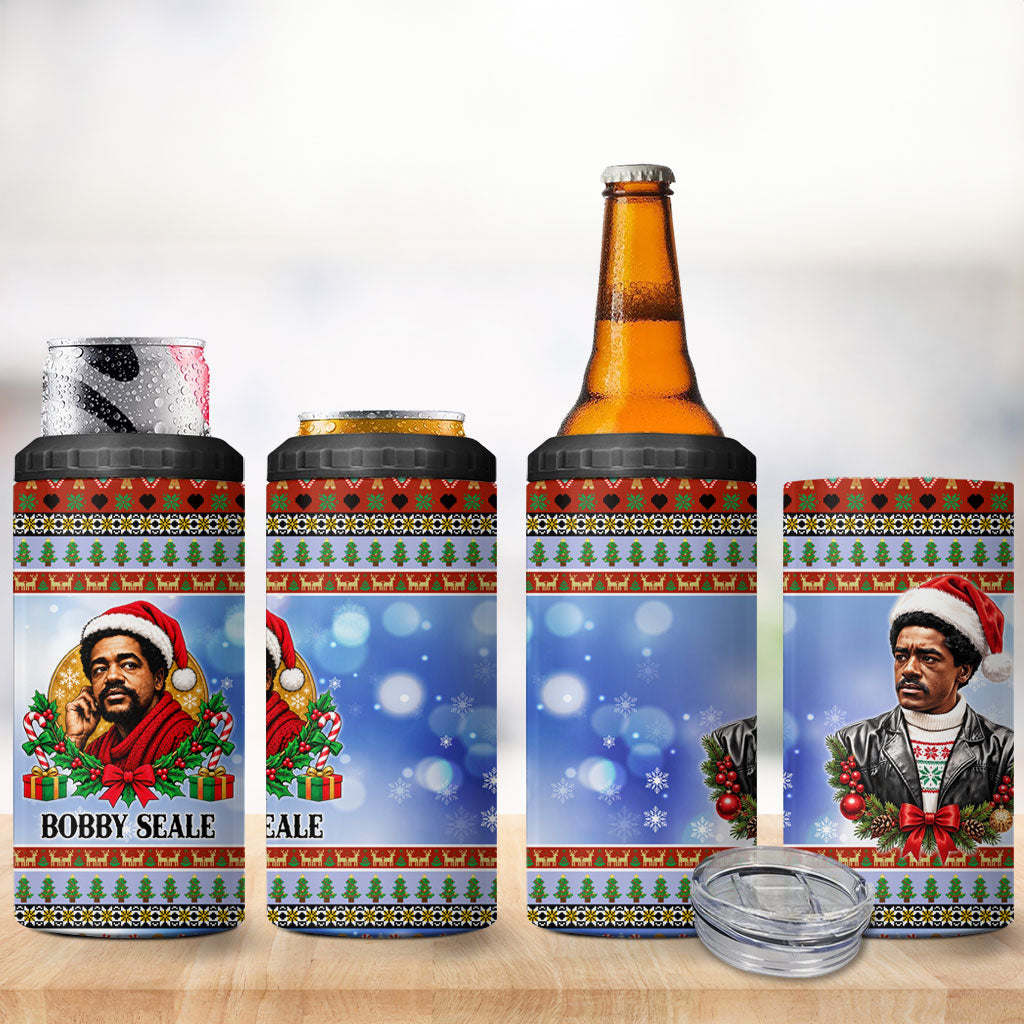 Bobby Seale Christmas 4 in 1 Can Cooler Tumbler Retro Ugly Christmas Pattern Festive Activist Portrait