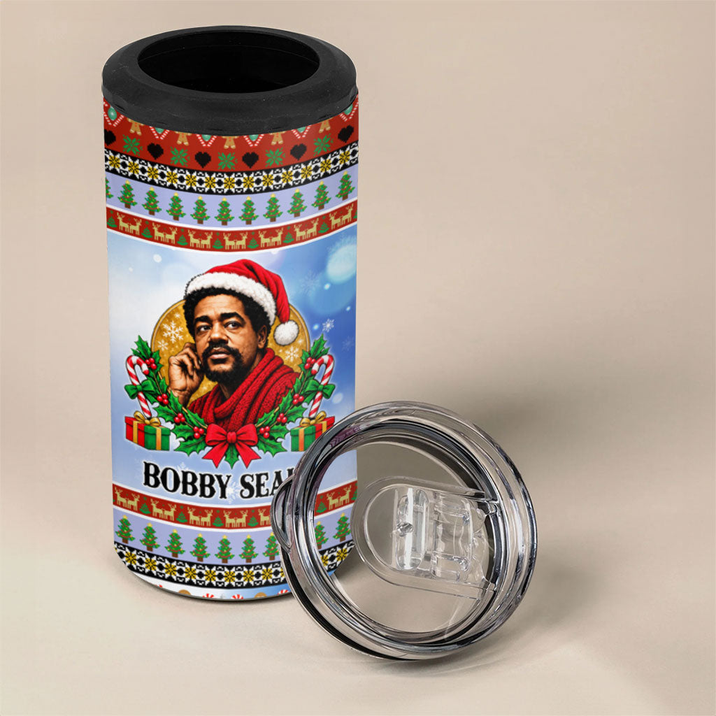Bobby Seale Christmas 4 in 1 Can Cooler Tumbler Retro Ugly Christmas Pattern Festive Activist Portrait