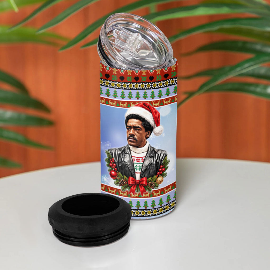 Bobby Seale Christmas 4 in 1 Can Cooler Tumbler Retro Ugly Christmas Pattern Festive Activist Portrait