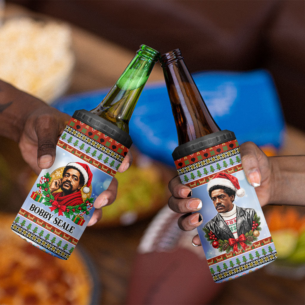 Bobby Seale Christmas 4 in 1 Can Cooler Tumbler Retro Ugly Christmas Pattern Festive Activist Portrait