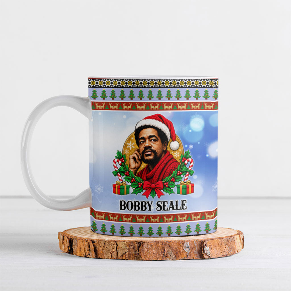 Bobby Seale Christmas Ceramic Mug Retro Ugly Christmas Pattern Festive Activist Portrait