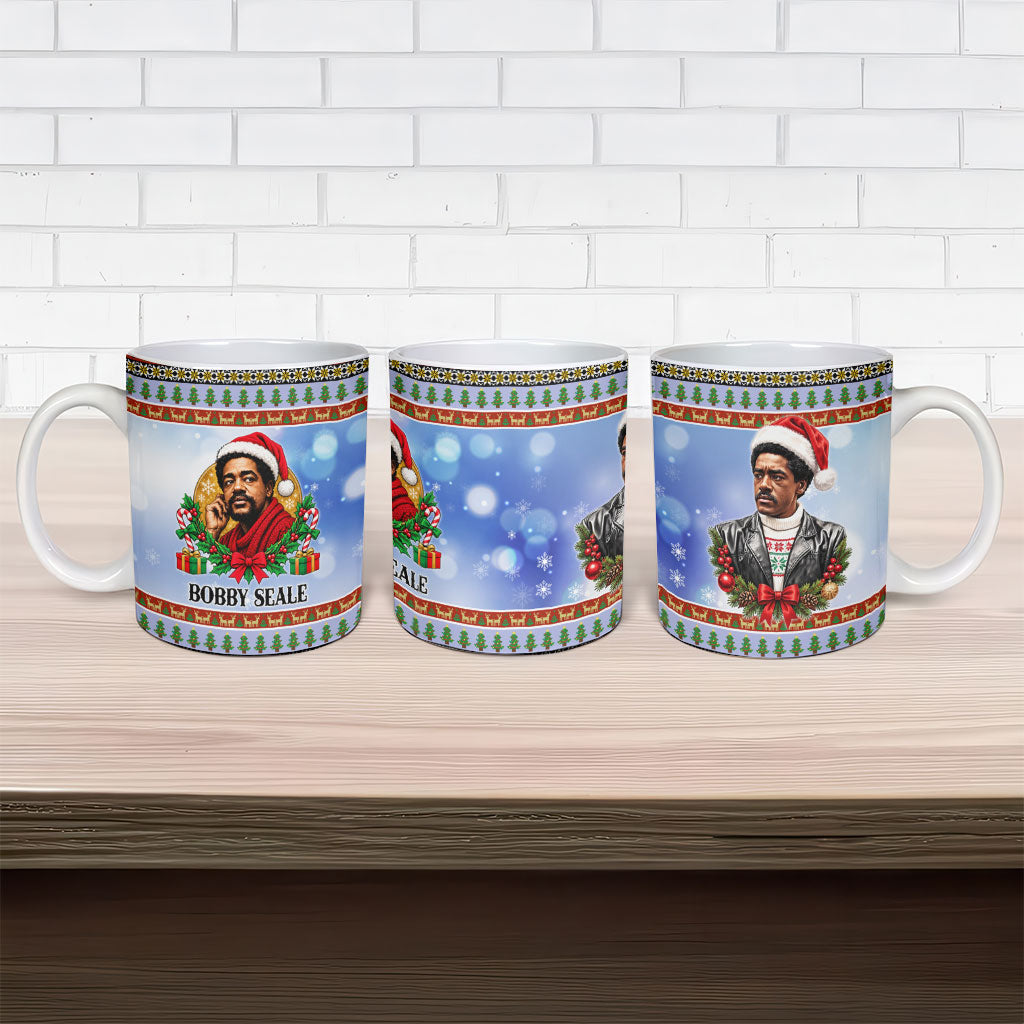 Bobby Seale Christmas Ceramic Mug Retro Ugly Christmas Pattern Festive Activist Portrait