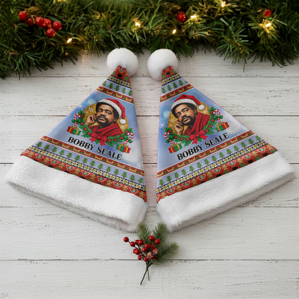 Bobby Seale Christmas Santa Hat Retro Ugly Christmas Pattern Festive Activist Portrait