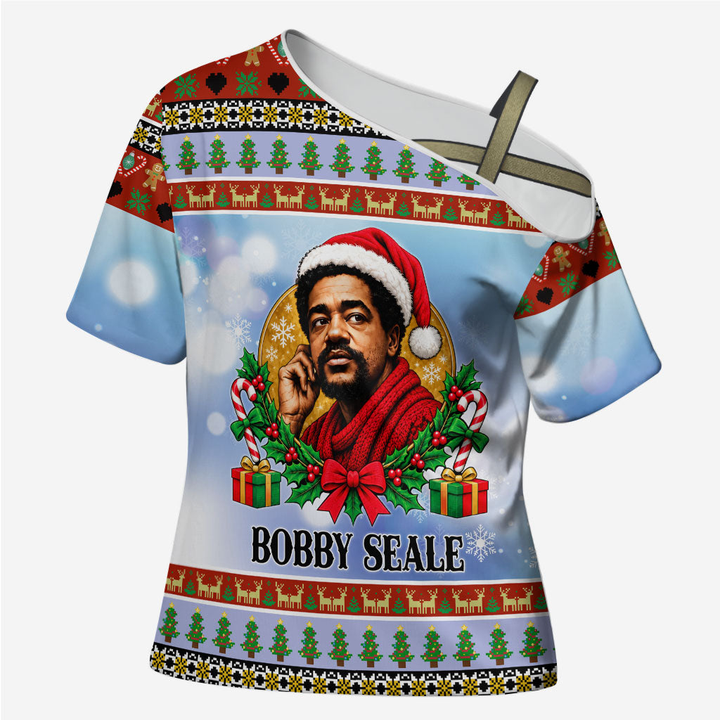 Bobby Seale Christmas Cross Shoulder Shirt Retro Ugly Christmas Pattern Festive Activist Portrait