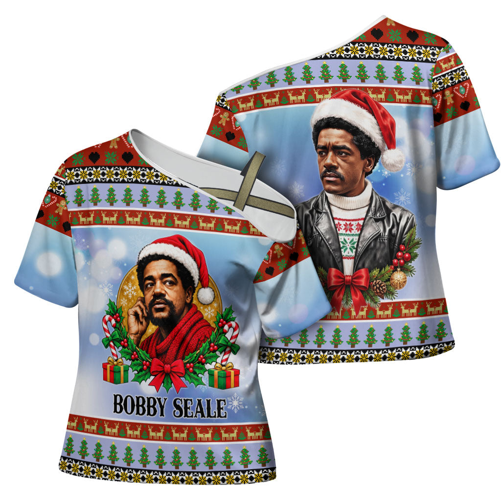 Bobby Seale Christmas Cross Shoulder Shirt Retro Ugly Christmas Pattern Festive Activist Portrait