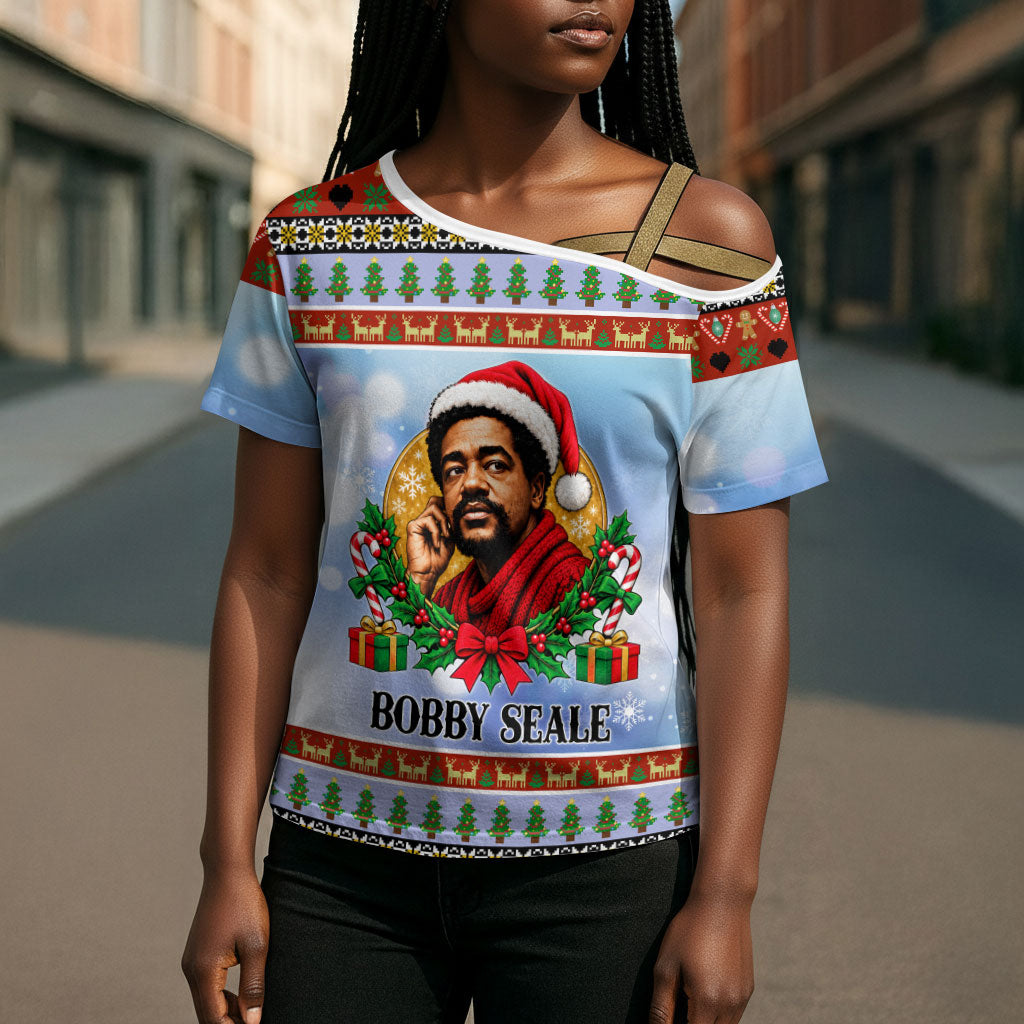 Bobby Seale Christmas Cross Shoulder Shirt Retro Ugly Christmas Pattern Festive Activist Portrait