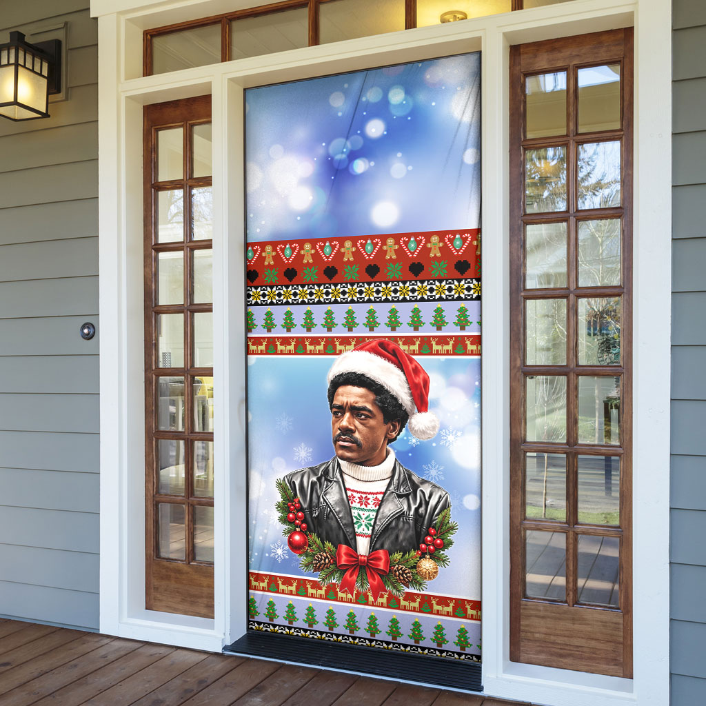 Bobby Seale Christmas Door Cover Retro Ugly Christmas Pattern Festive Activist Portrait