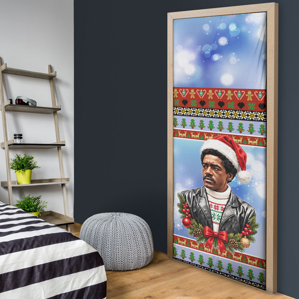 Bobby Seale Christmas Door Cover Retro Ugly Christmas Pattern Festive Activist Portrait